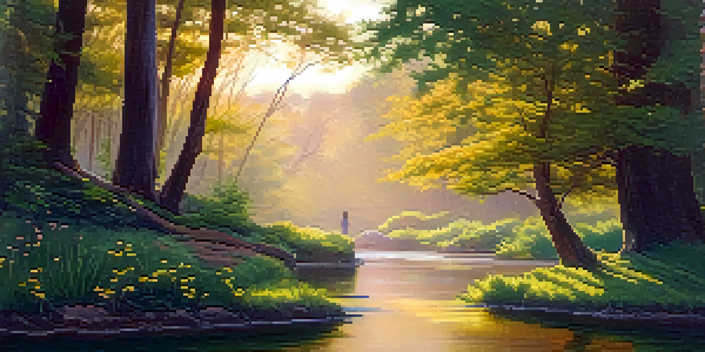 A peaceful forest scene at sunrise with a person meditating by a stream, surrounded by trees and wildflowers.
