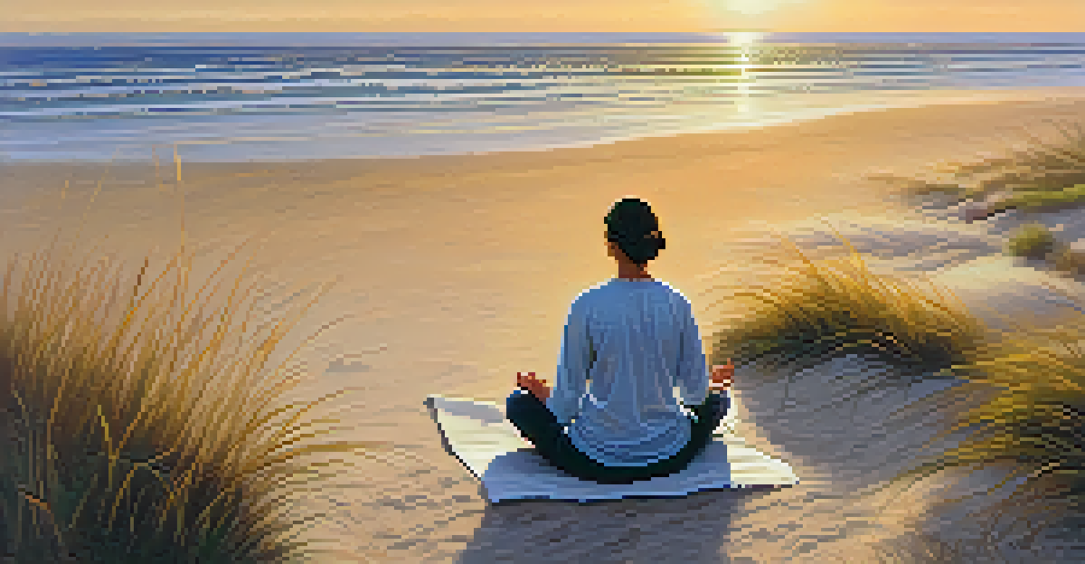 A person meditating on the beach at sunset, surrounded by gentle waves and swaying sea grass, creating a peaceful atmosphere.