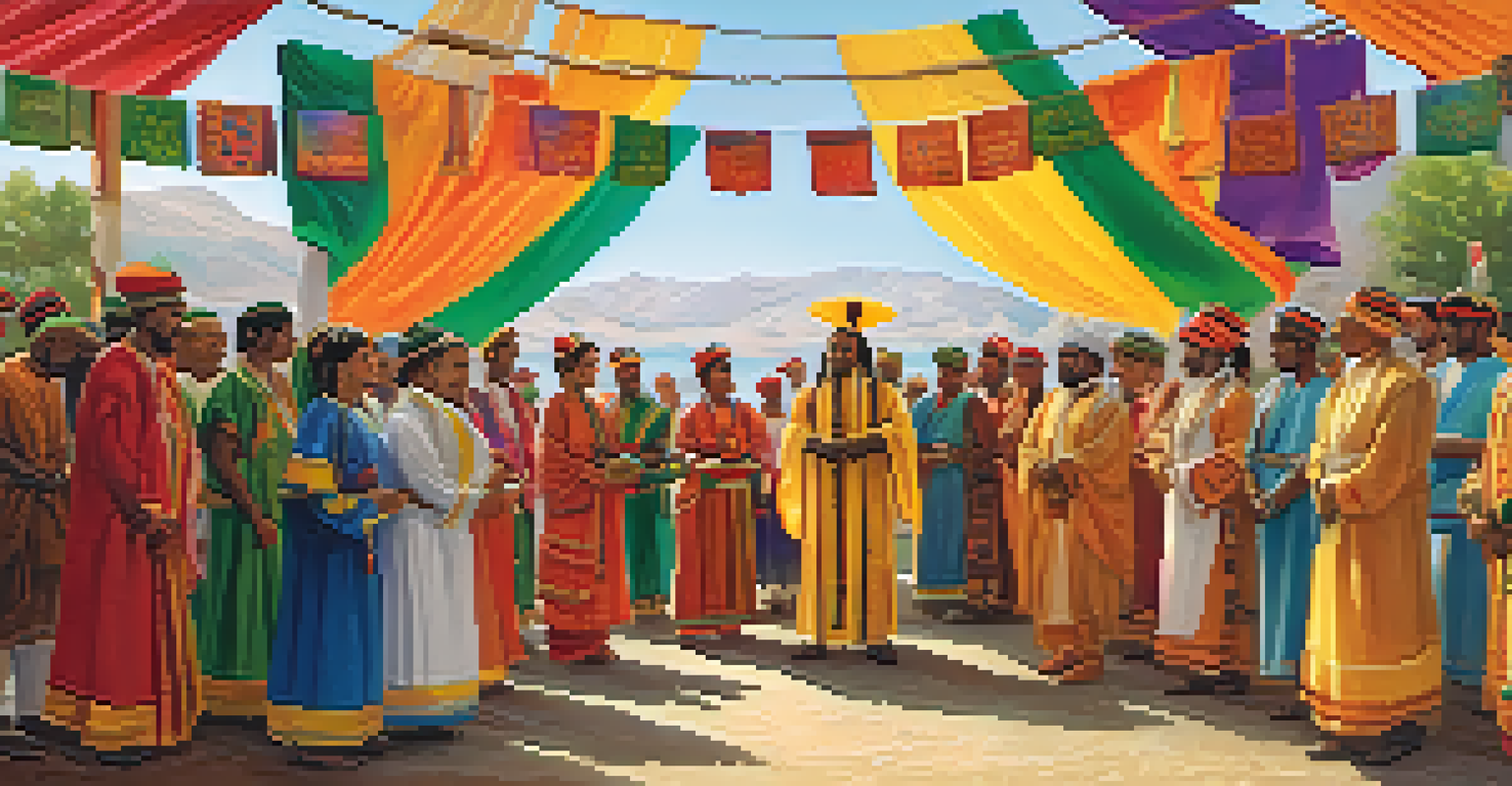 A diverse group of people in traditional attire celebrating a spiritual gathering outdoors, surrounded by colorful decorations.