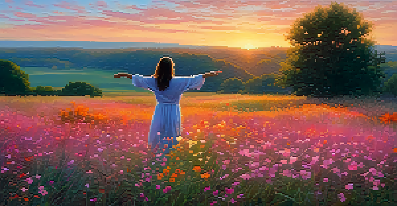 A person standing in an open field at dawn with arms outstretched, surrounded by colorful wildflowers and a sunrise sky.