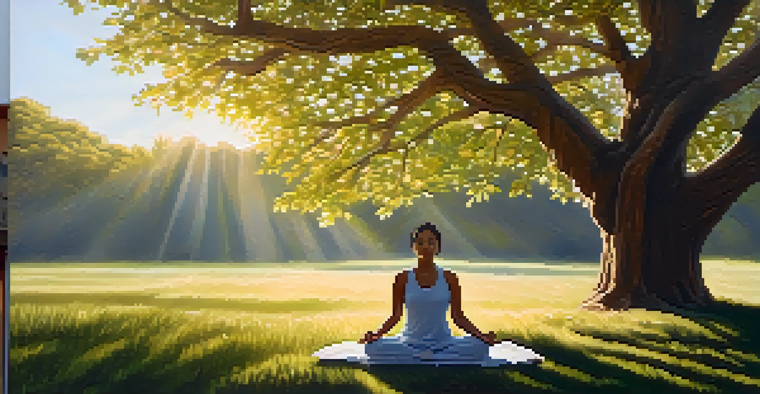 A person meditating under a tree in a peaceful natural setting, illustrating mindfulness and connection to the present.