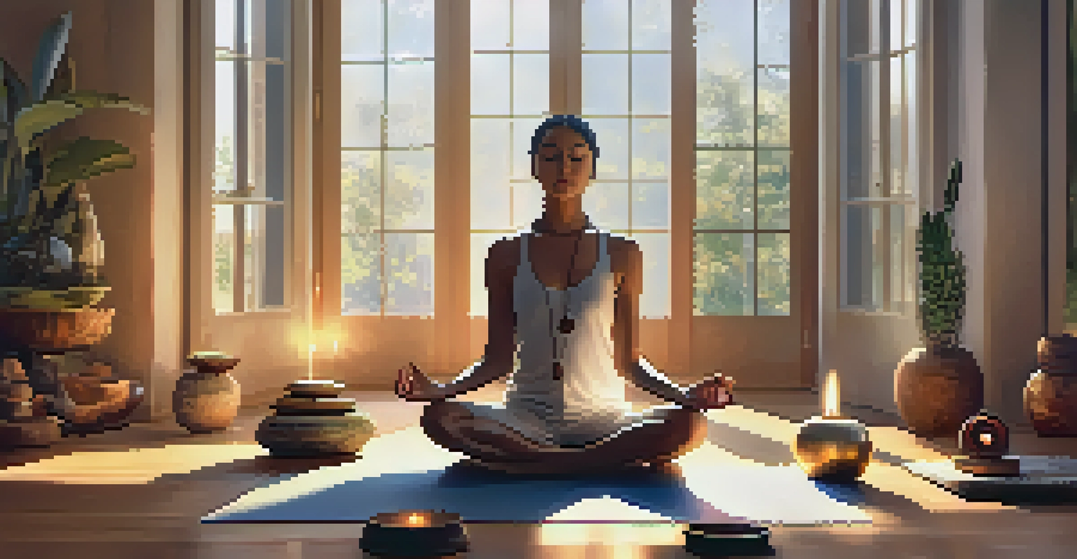 A person meditating with sound healing instruments such as gongs and singing bowls, bathed in warm sunlight, creating a tranquil atmosphere.