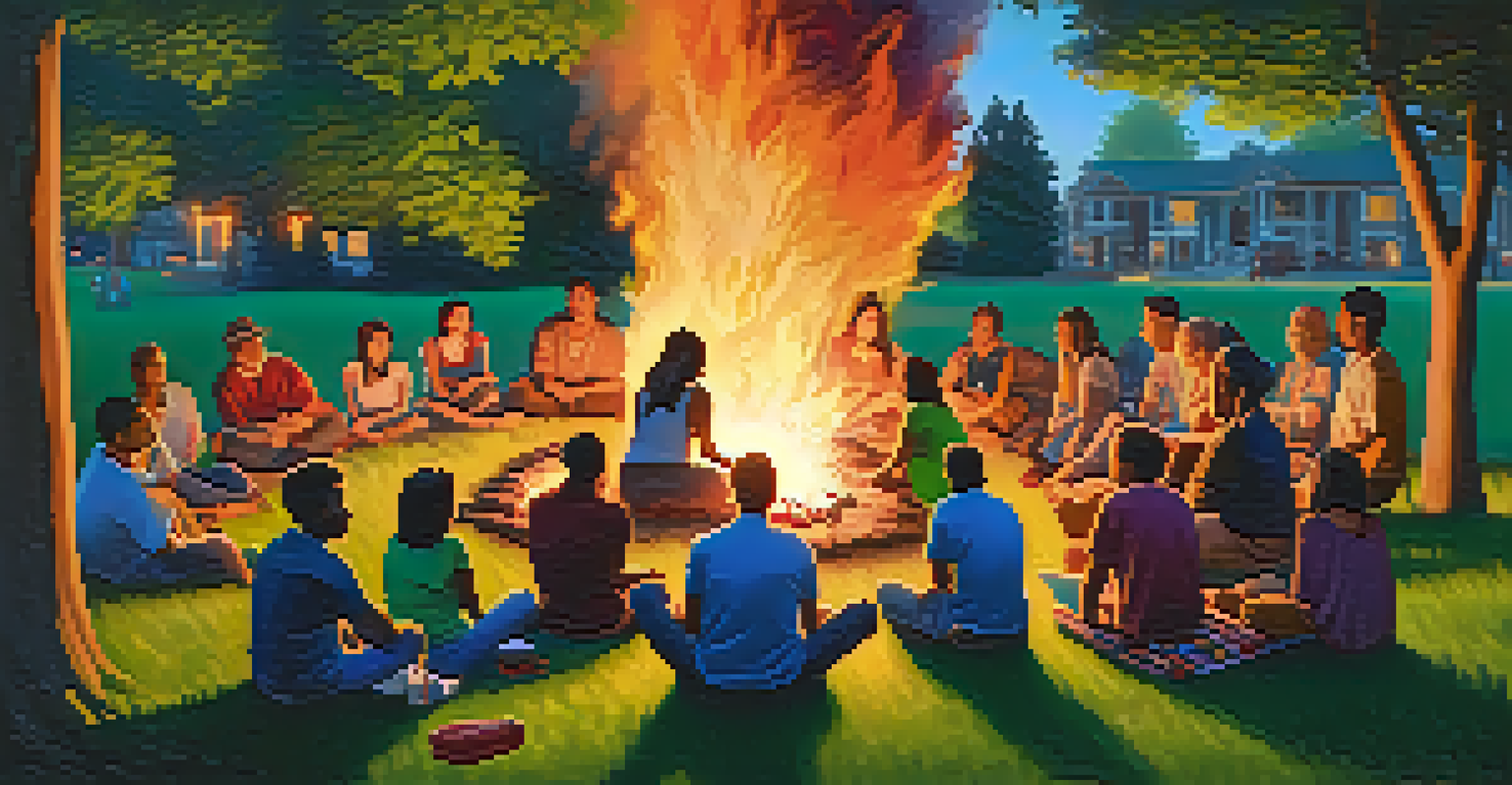 Diverse individuals sharing stories around a bonfire in a vibrant community gathering in a park.