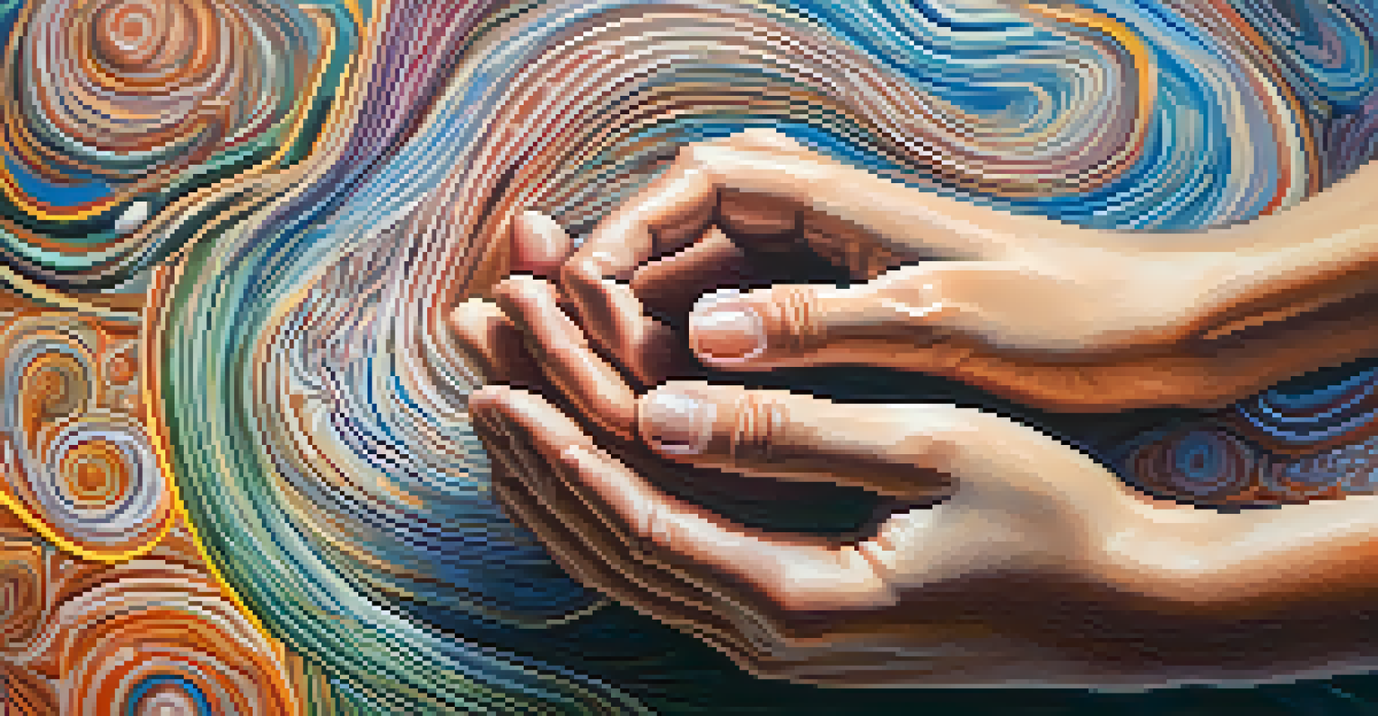 Close-up of a person's hands in a meditative pose, with a colorful background symbolizing peace and mindfulness.