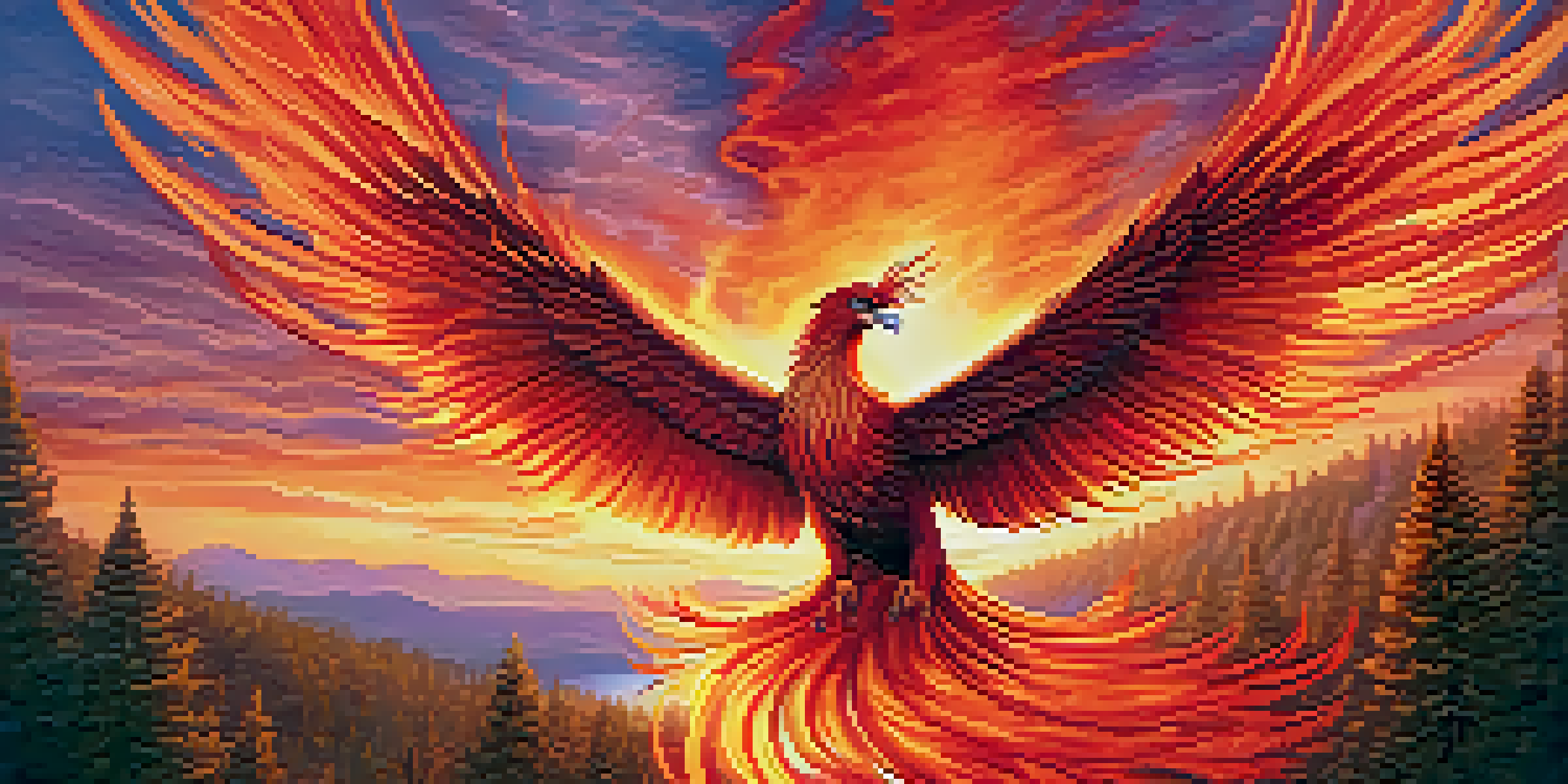 A colorful representation of the Phoenix rising from ashes in a serene landscape, symbolizing rebirth.
