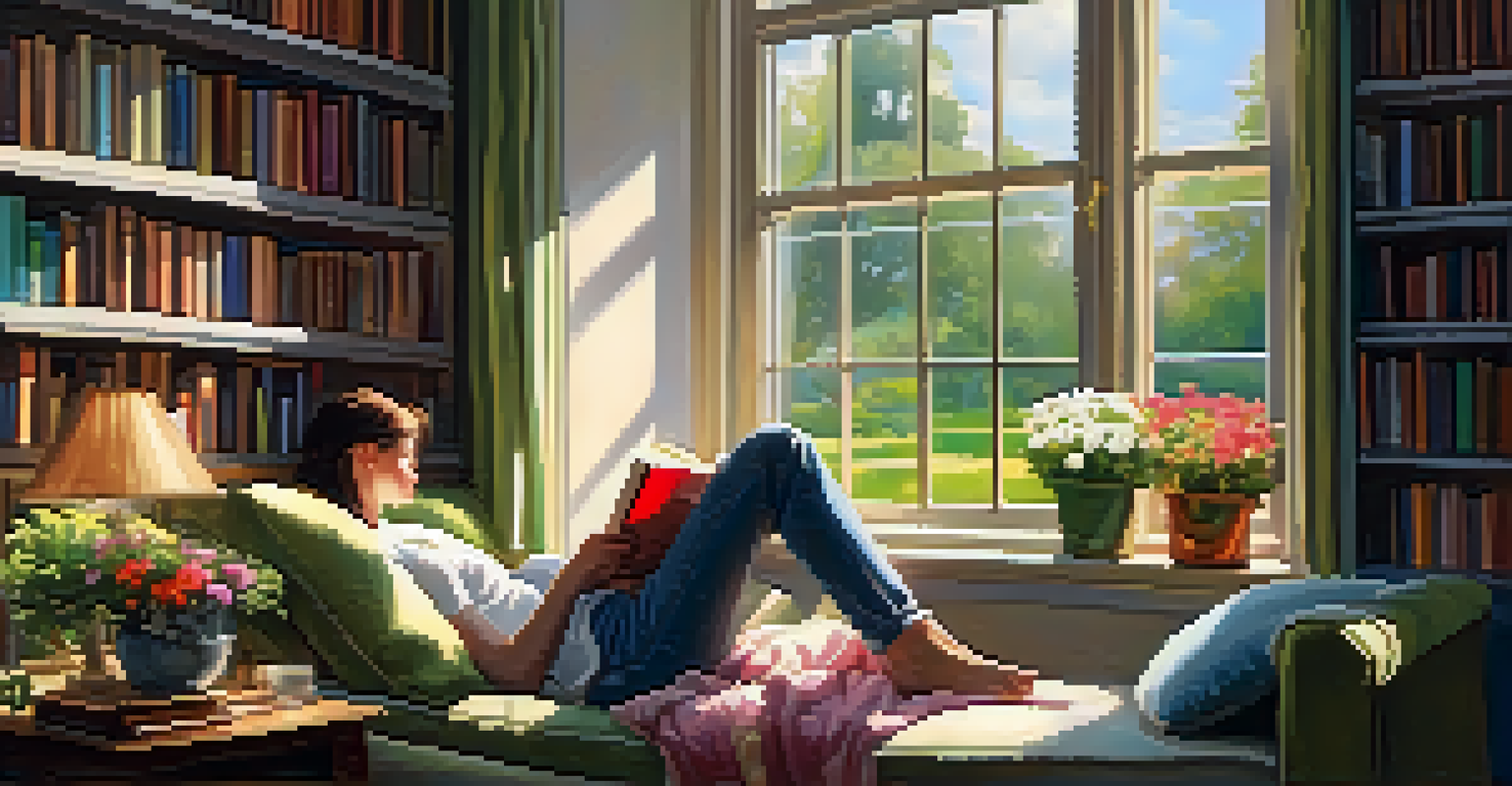 A person reading a book by a window in a cozy room filled with books and sunlight.