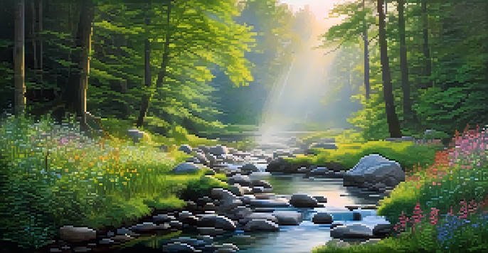 A peaceful forest at dawn, with mist, sunlight filtering through trees, and a small stream with wildflowers.