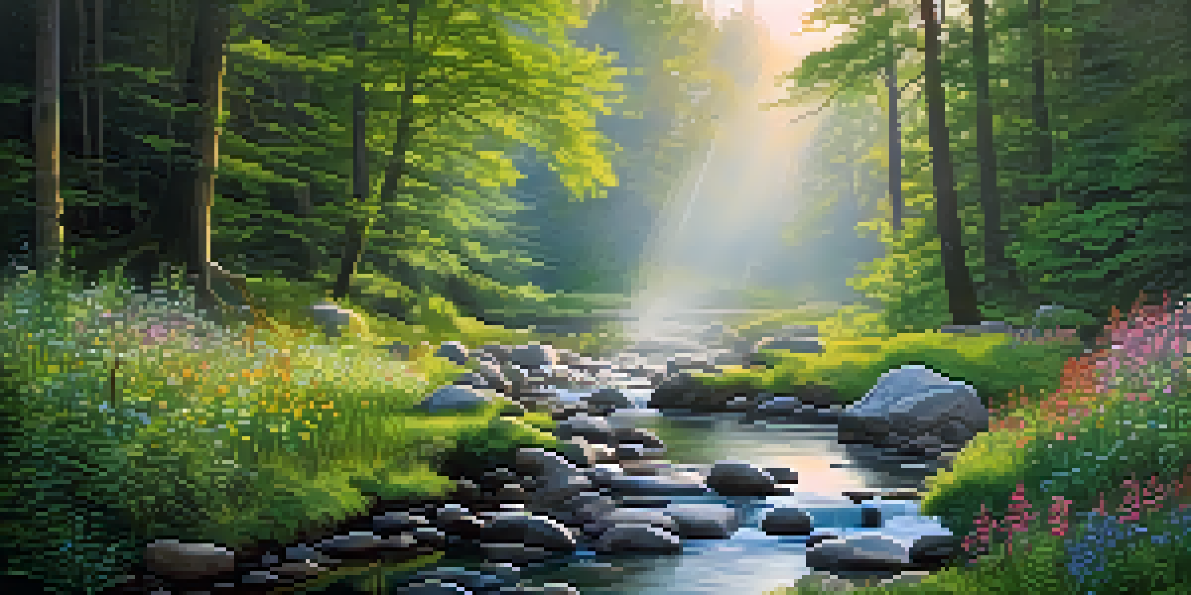 A peaceful forest at dawn, with mist, sunlight filtering through trees, and a small stream with wildflowers.