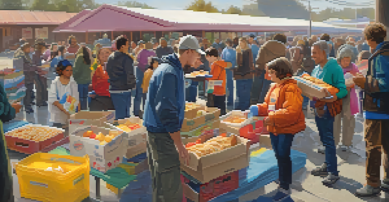Volunteers distributing food at a local shelter, creating a warm and supportive atmosphere.