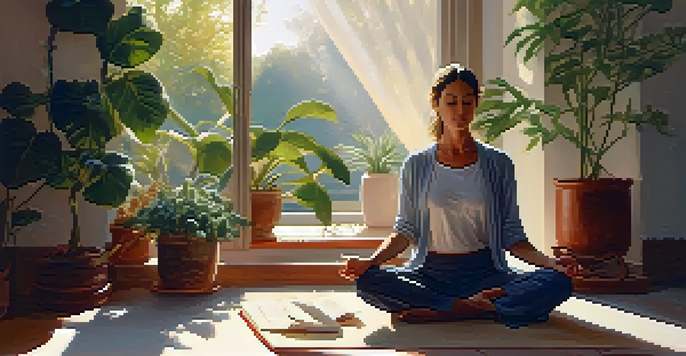 A person meditating in a bright room filled with plants, sunlight streaming through the window, a journal and a cup of tea on the table nearby.