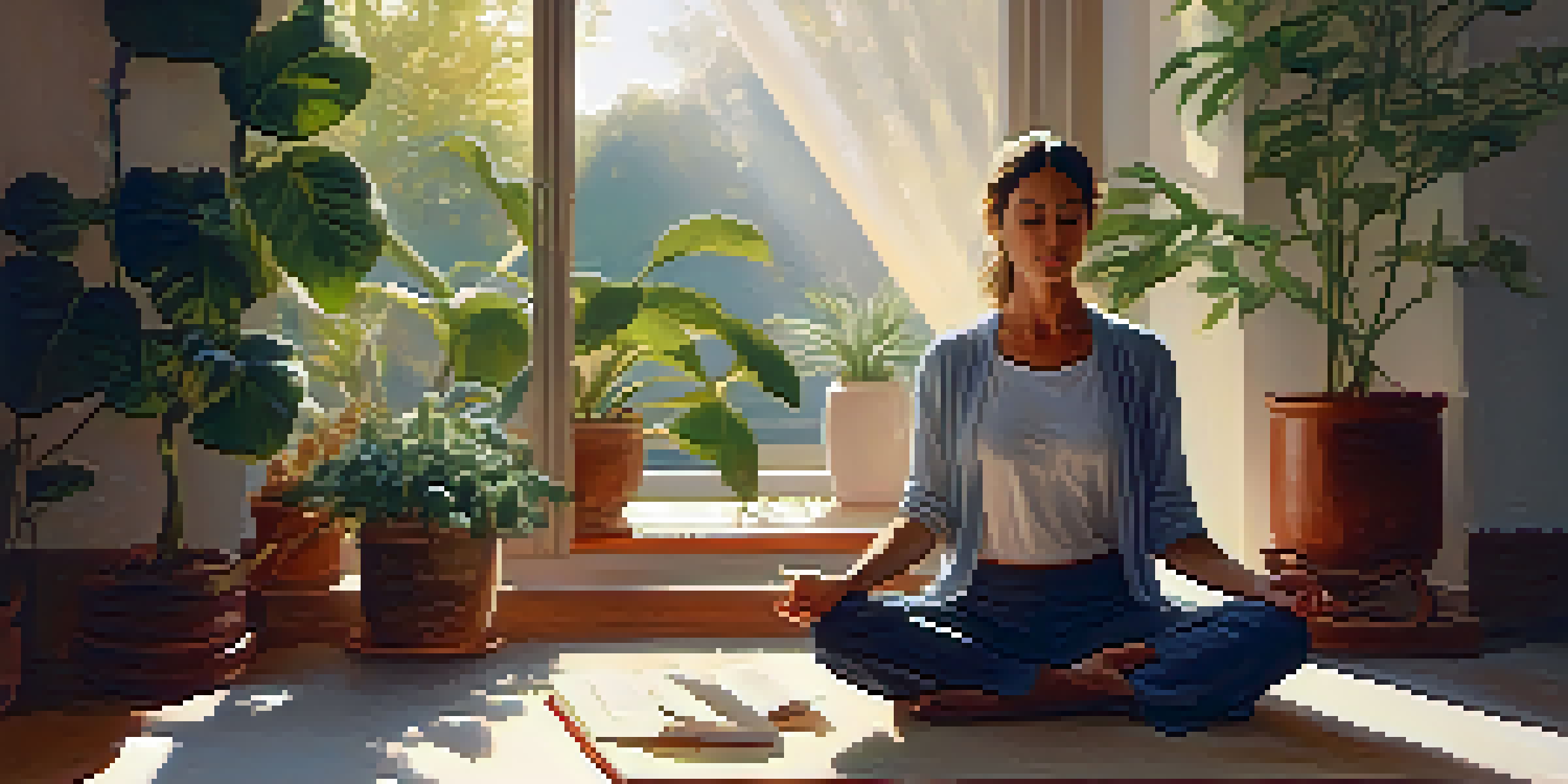 A person meditating in a bright room filled with plants, sunlight streaming through the window, a journal and a cup of tea on the table nearby.