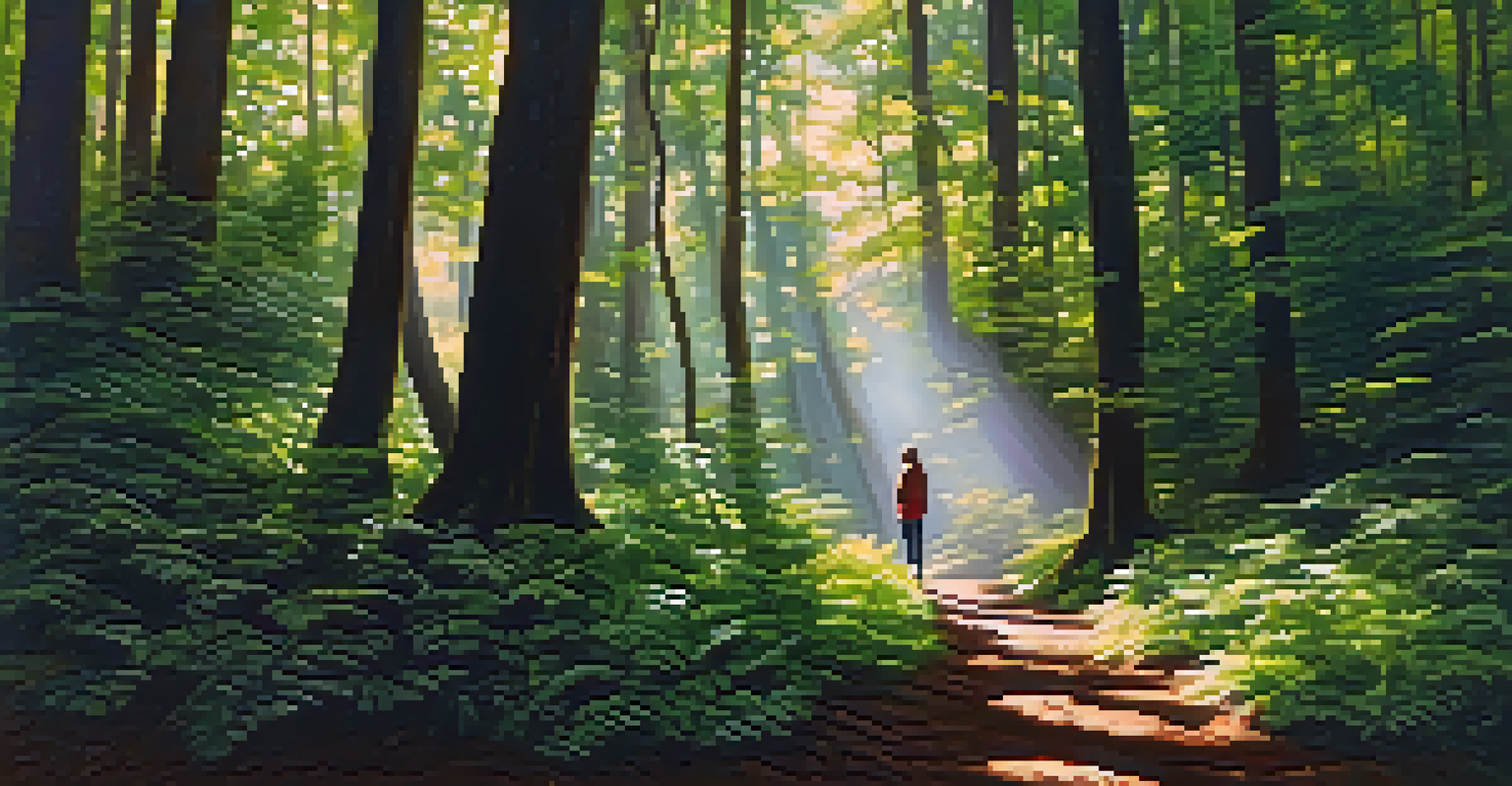 A person enjoying forest bathing in a sunlit forest, surrounded by tall trees and vibrant greenery.