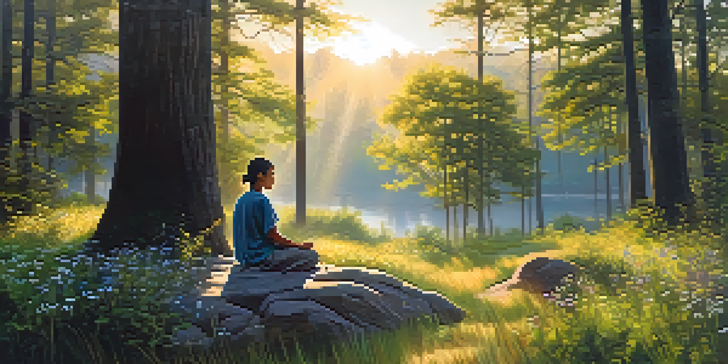 A person meditating in a sunlit forest surrounded by wildflowers and trees.