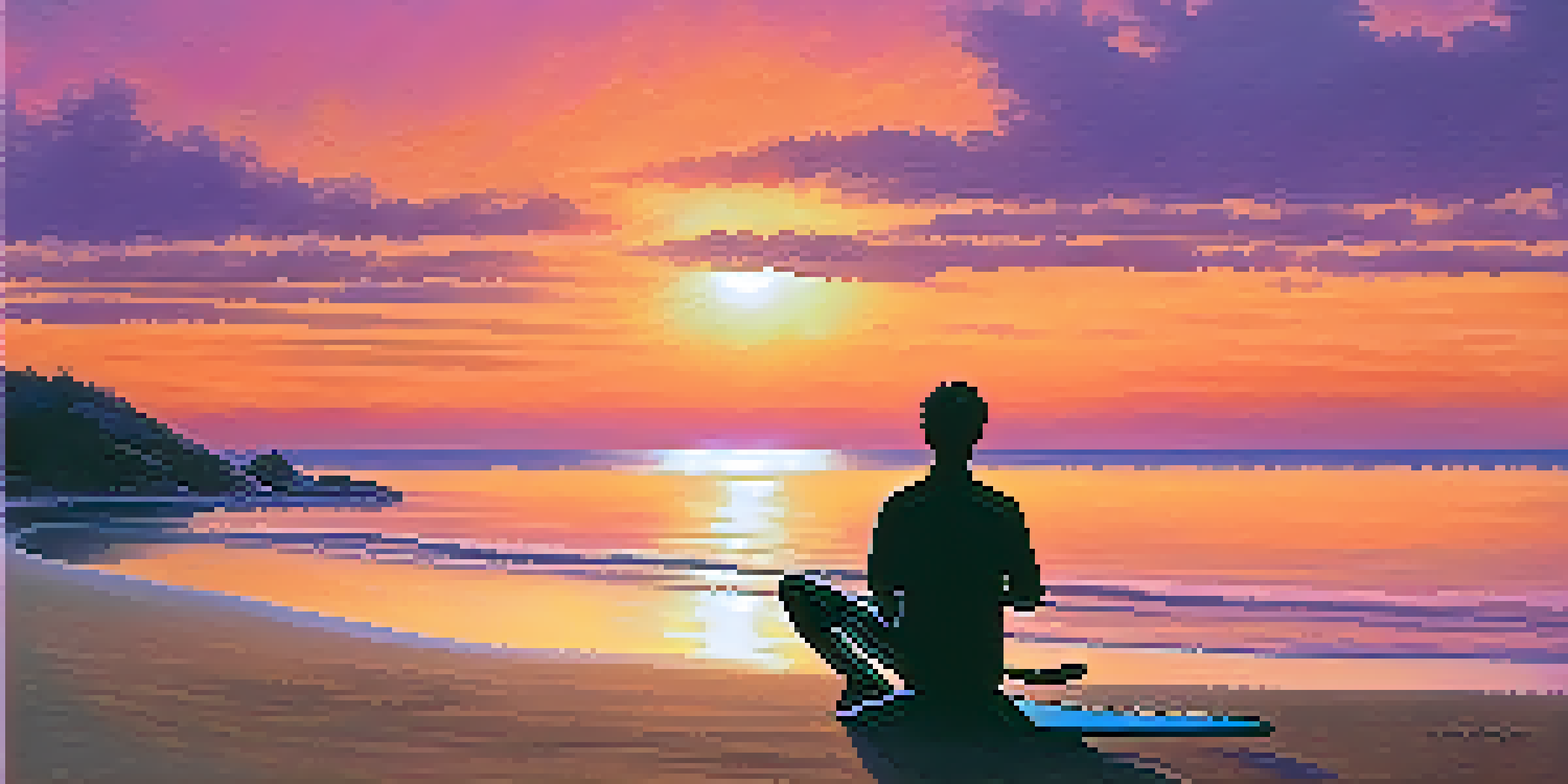 A musician playing a guitar on the beach at sunset, with colorful skies and gentle ocean waves.