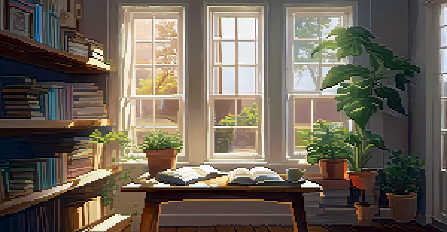 A sunlit room with plants, books, and a cozy reading nook by a large window, with a cup of tea on a table.