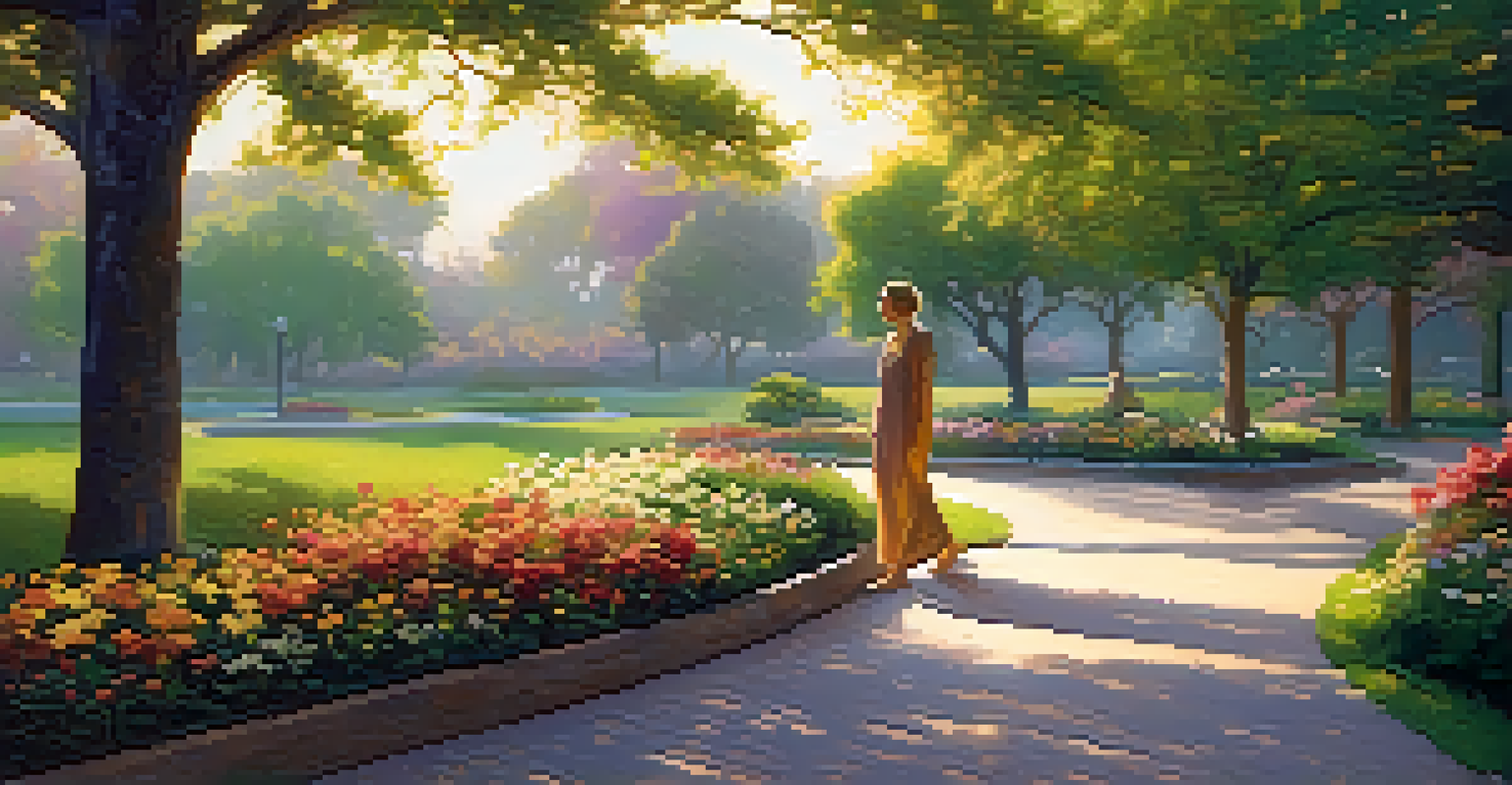 A person practicing walking meditation in a vibrant park filled with flowers and greenery.