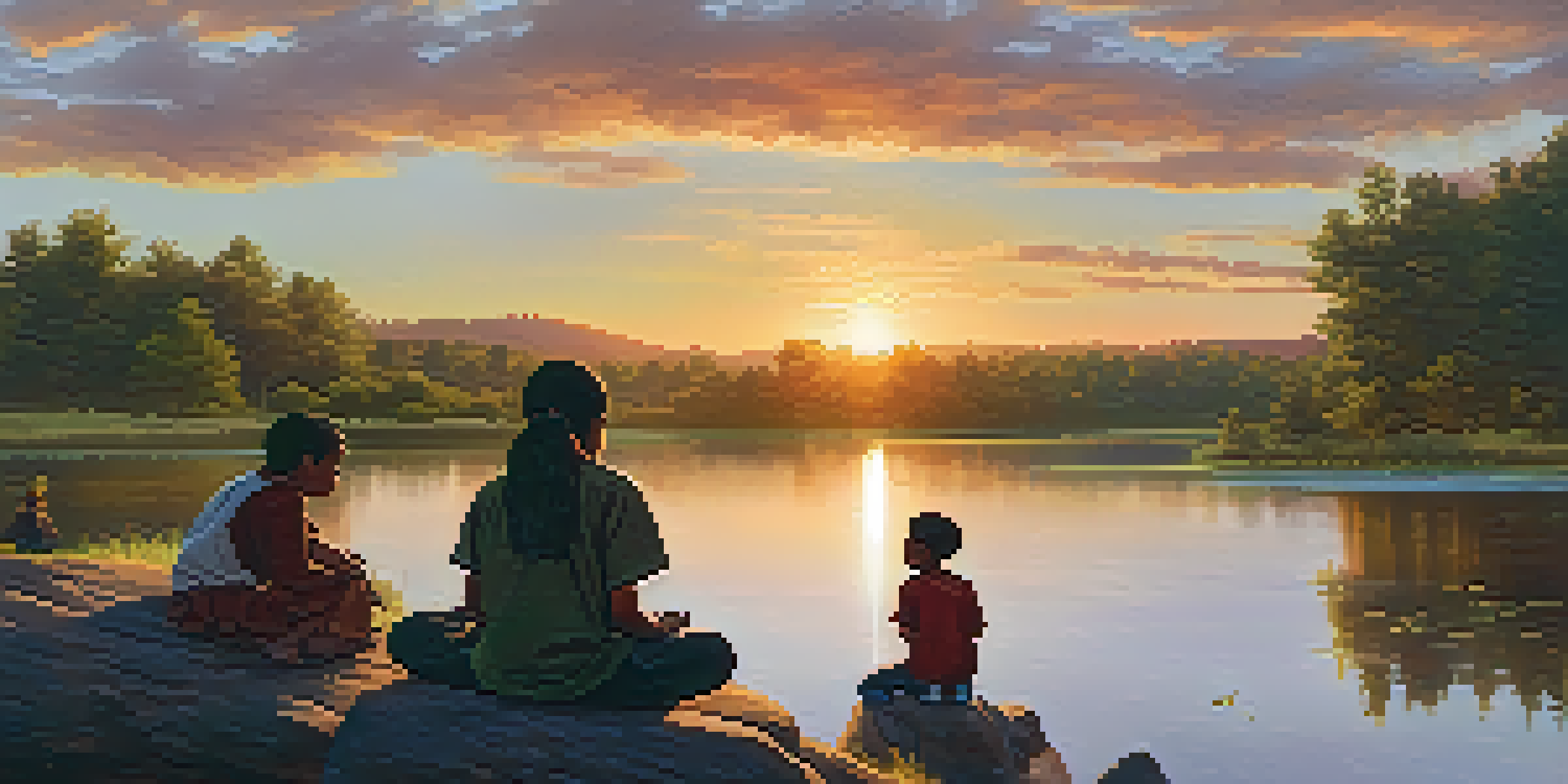 An Indigenous elder tells stories to children by a river at sunset, surrounded by green forests.