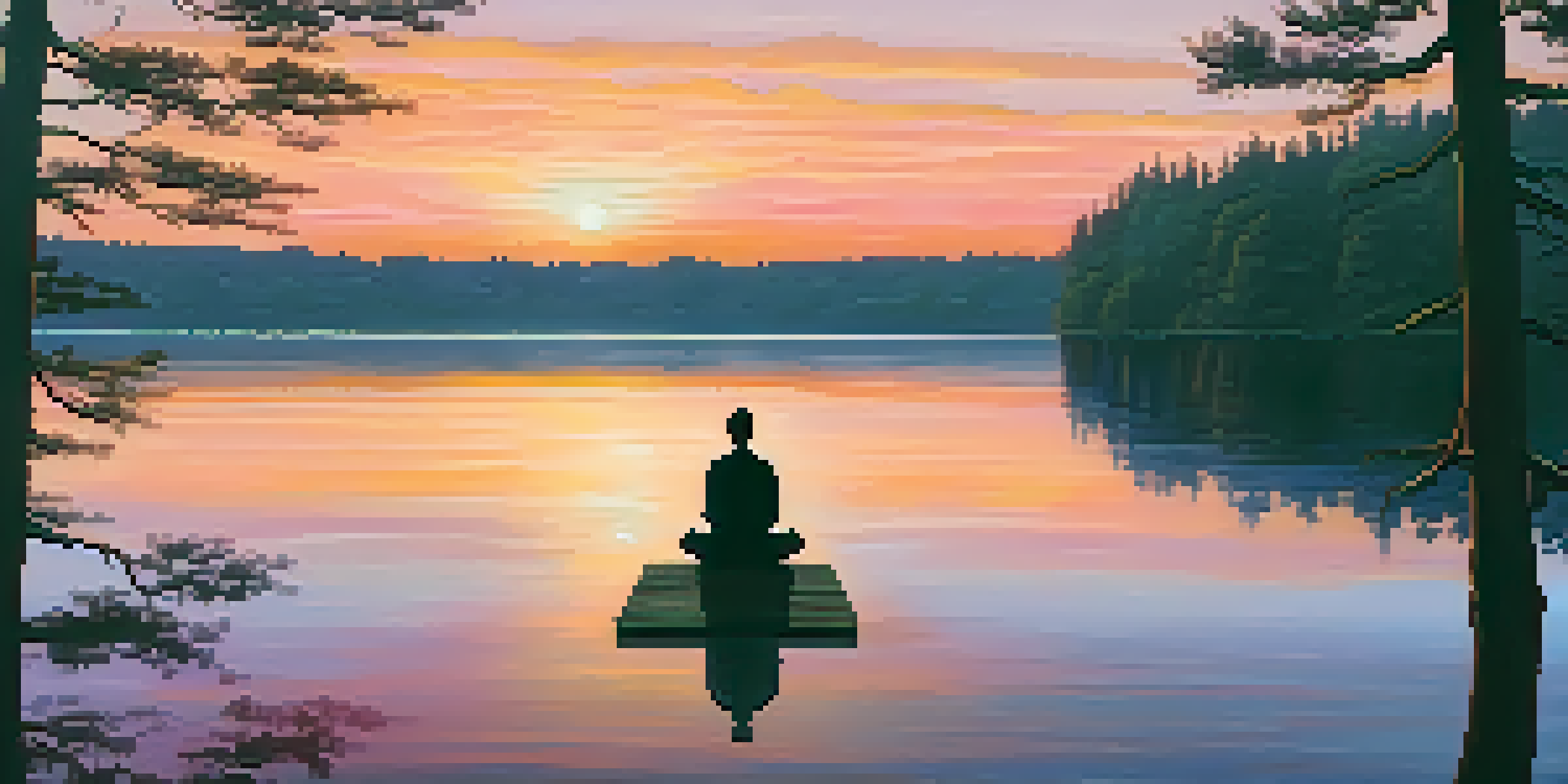 A peaceful lakeside at sunset with a person meditating on a dock, surrounded by trees and colorful reflections on the water.