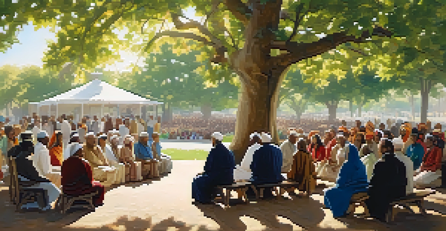 A religious leader speaking to a large community gathering outdoors under a tree, with sunlight filtering through the leaves.