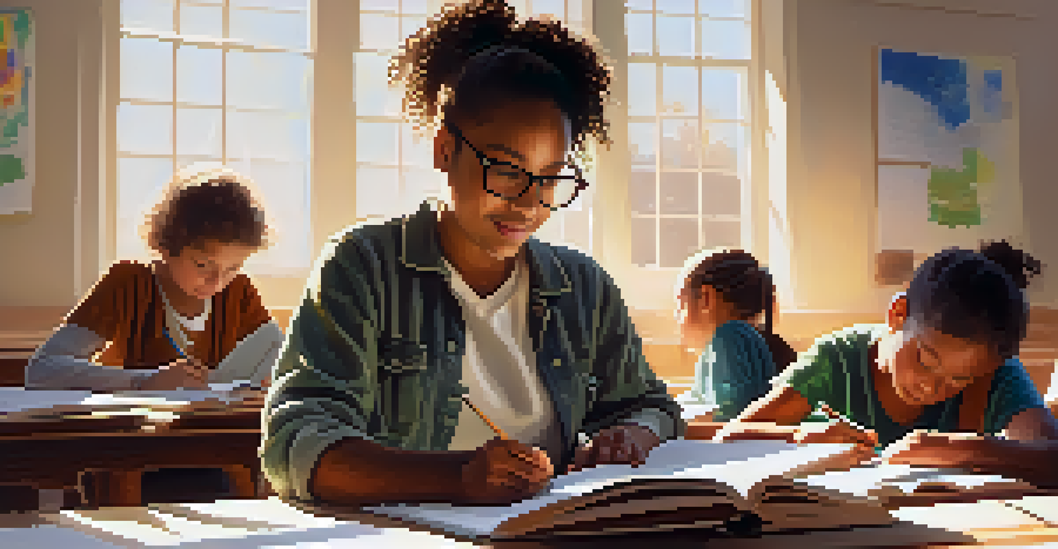 An educator leading a reflective session with students writing in journals in a bright classroom filled with books.