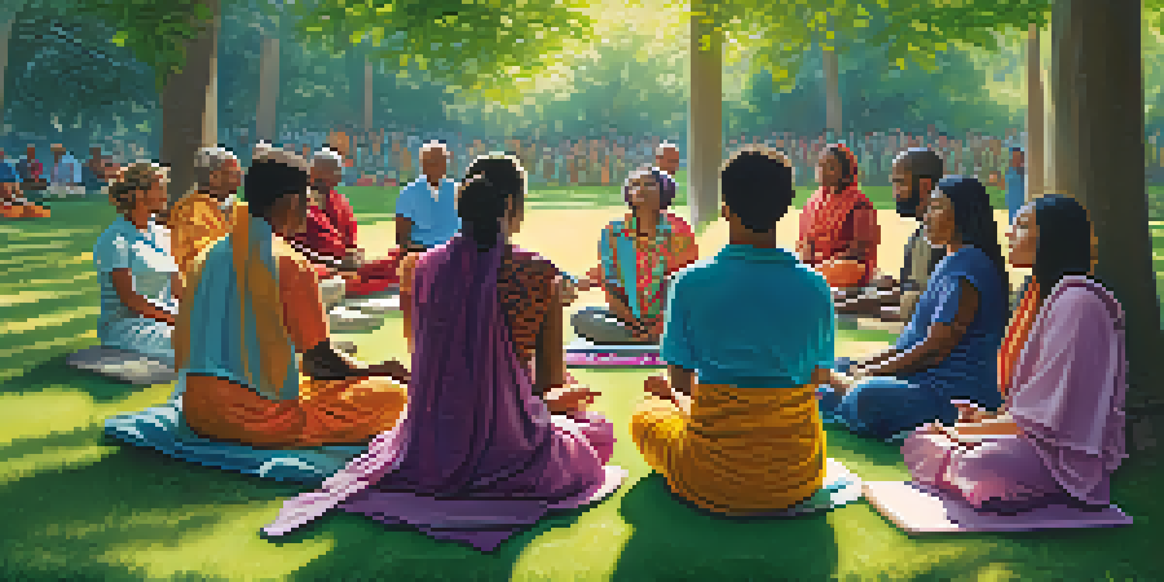 A diverse group of people meditating together in a park, surrounded by greenery and sunlight.