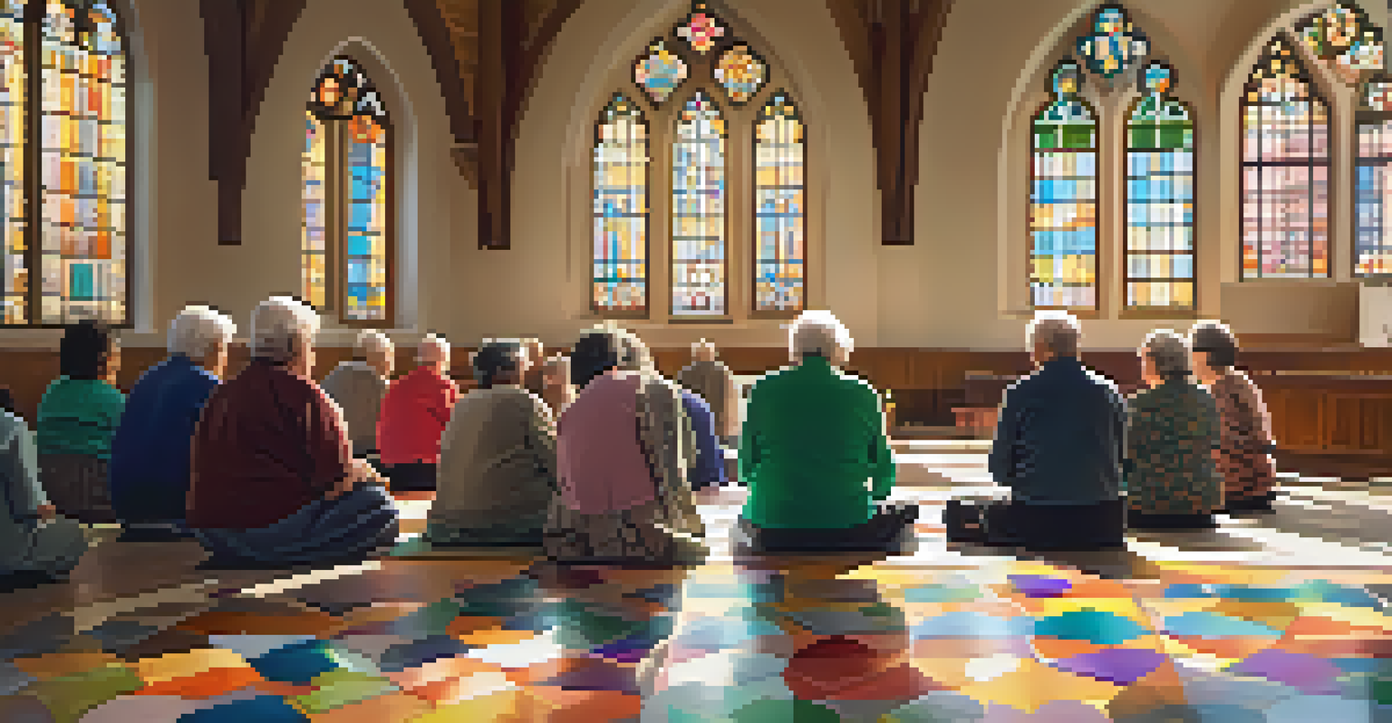 Seniors participating in a group prayer session inside a church, with stained glass windows.