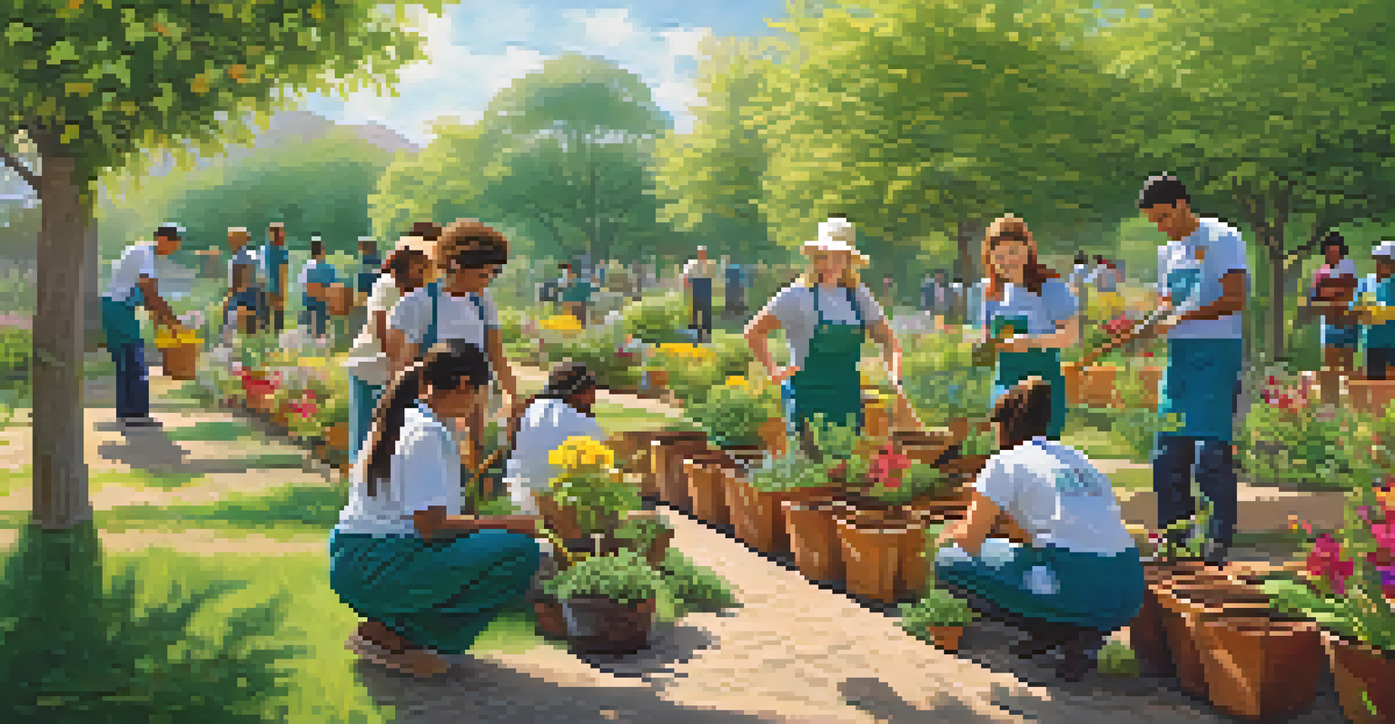 A diverse group of volunteers working together in a community garden, planting trees with bright flowers and greenery around them, under warm sunlight.