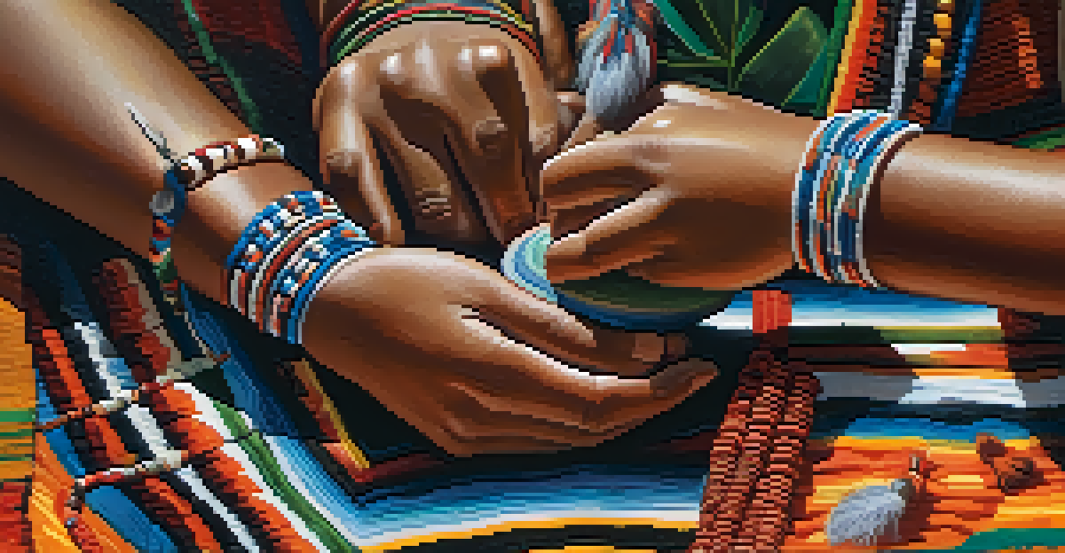 Hands engaged in a traditional Indigenous ceremony, surrounded by ceremonial items on a woven blanket.