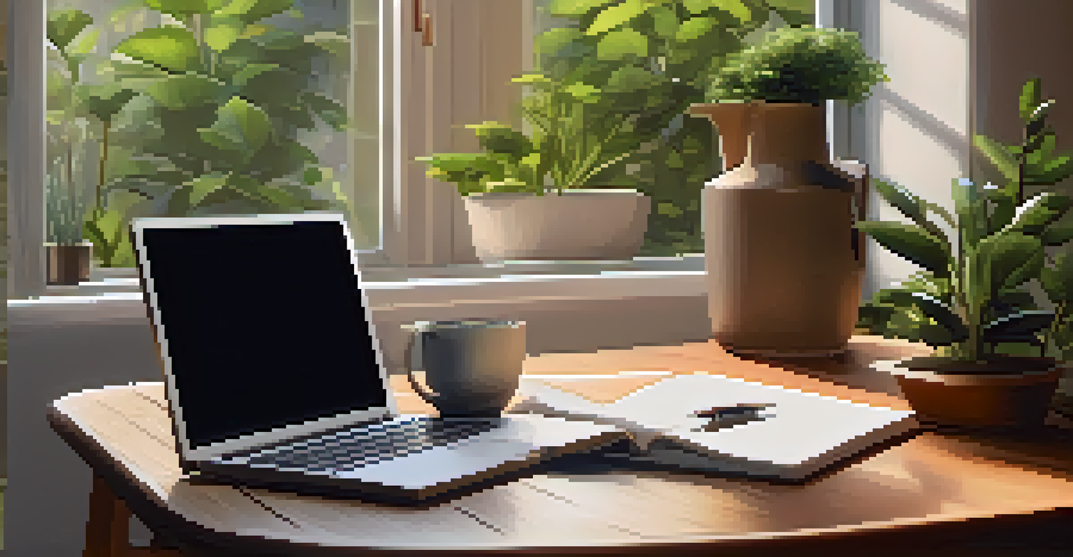 A cozy workspace with a comfortable chair, a small table with a cup of tea, plants, and soft lighting, inviting a moment of reflection.
