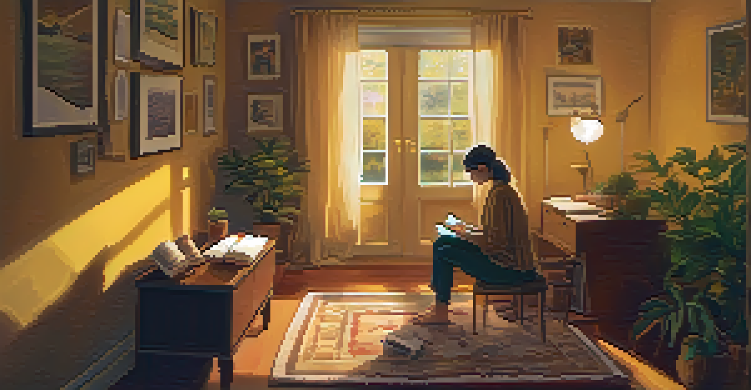 A person writing in a gratitude journal on a rug in a cozy room with warm lighting and plants.