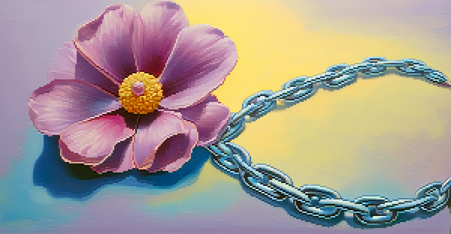 An abstract image of a broken chain transforming into a blooming flower, with calming colors in the background.