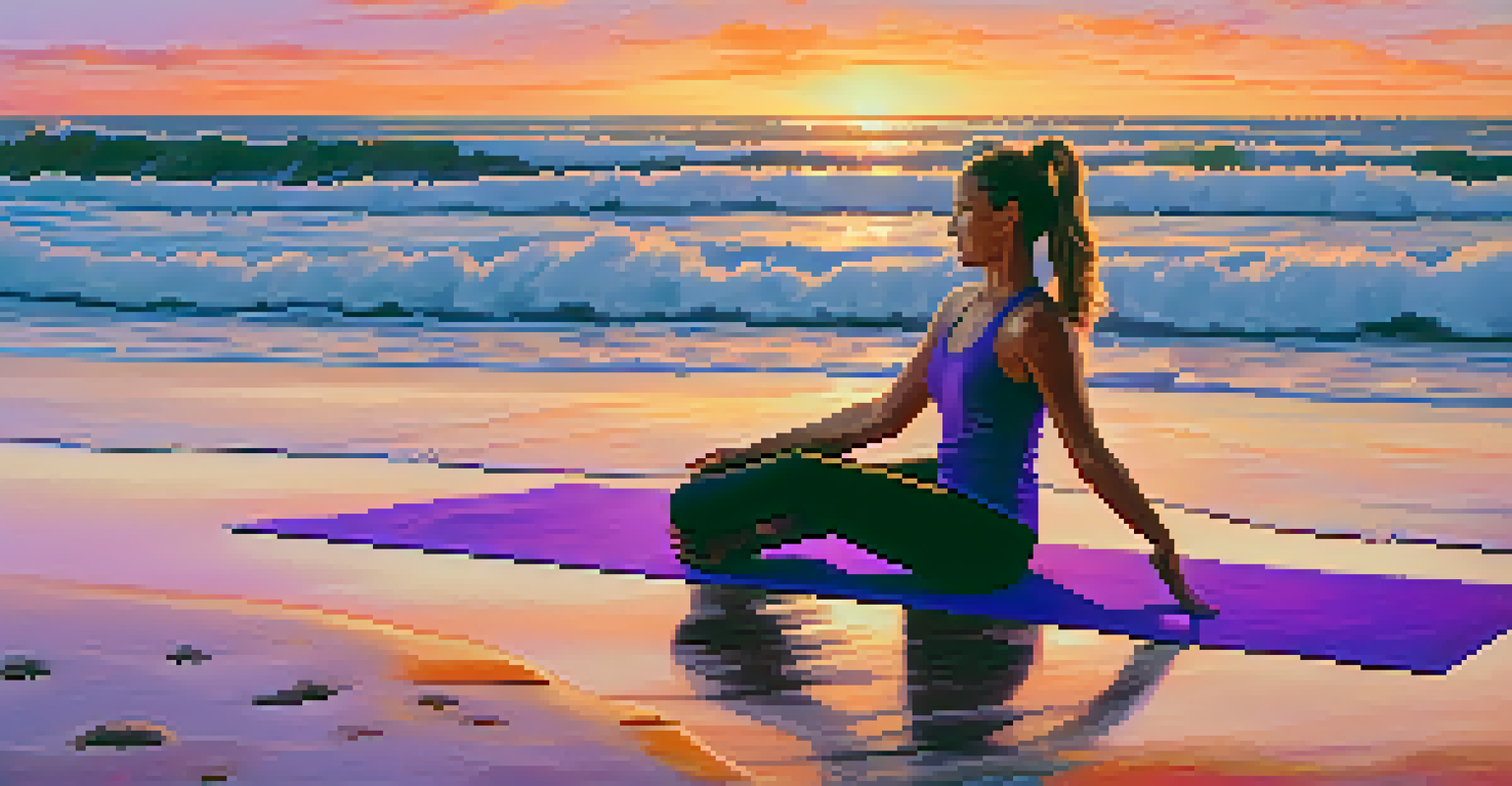 A person practicing yoga on a beach at sunrise, with vibrant colors in the sky and waves in the background.