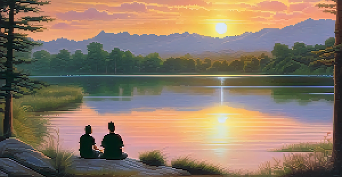A peaceful lakeside scene at sunset, with greenery and people in silhouette reflecting on nature and spirituality.