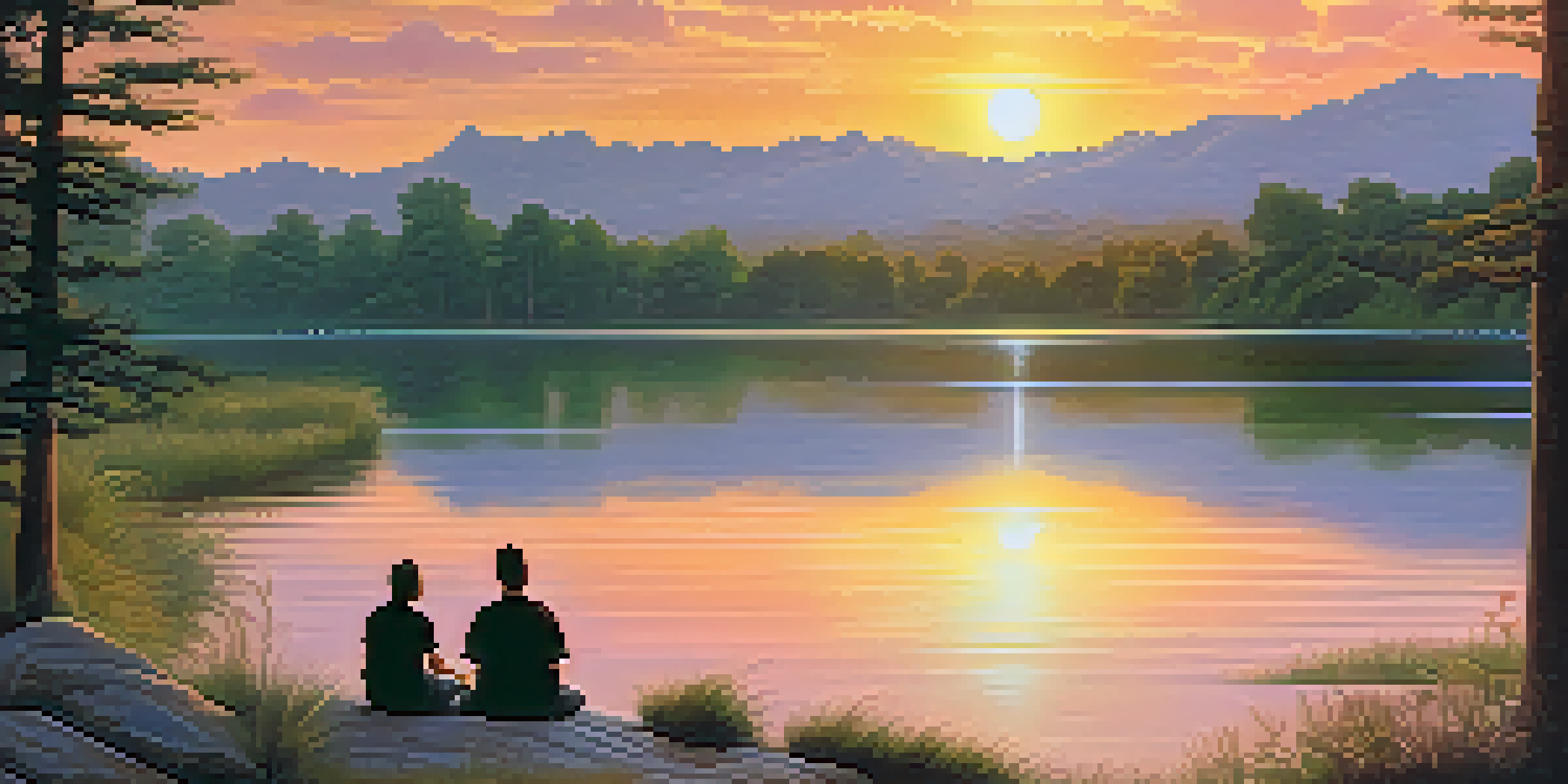 A peaceful lakeside scene at sunset, with greenery and people in silhouette reflecting on nature and spirituality.
