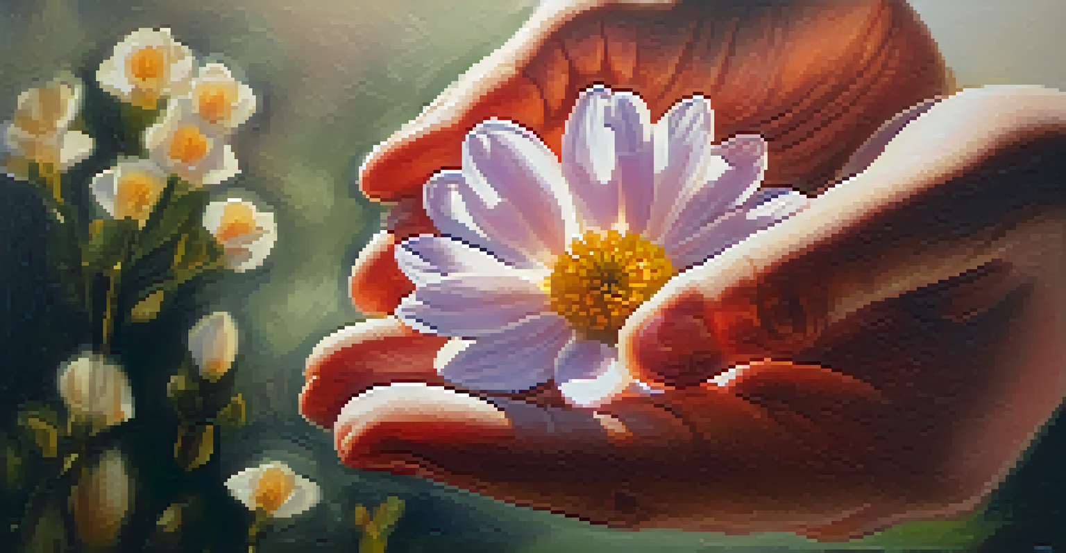 Two hands holding a small, blooming flower, with sunlight illuminating the delicate petals, symbolizing kindness.