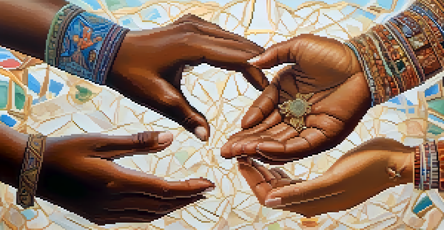 Hands of different skin tones reaching towards each other with spiritual symbols in a pastel background.