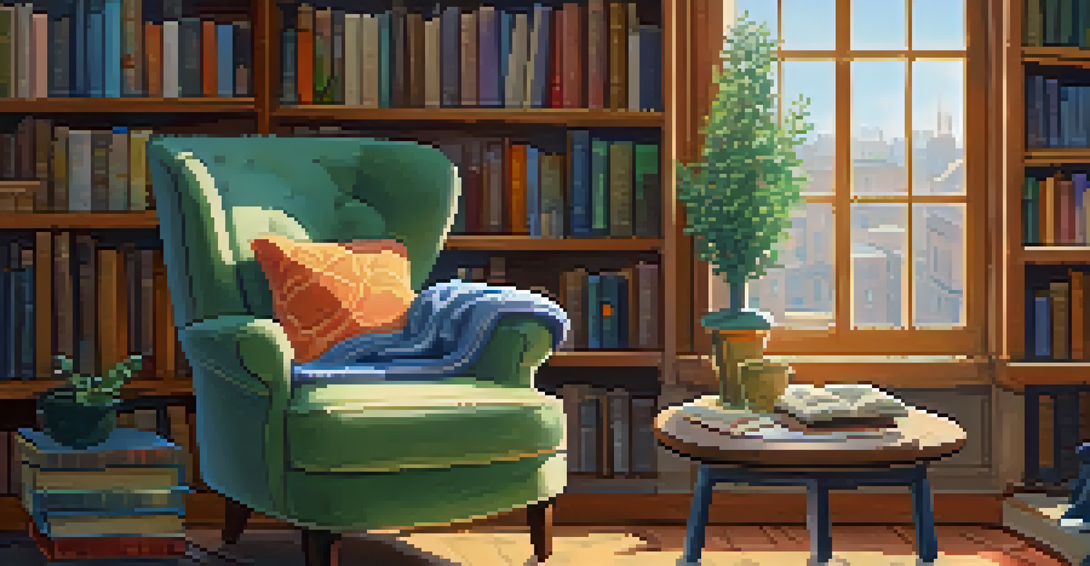 A cozy room with an armchair, tea, and books, ideal for listening to a podcast.