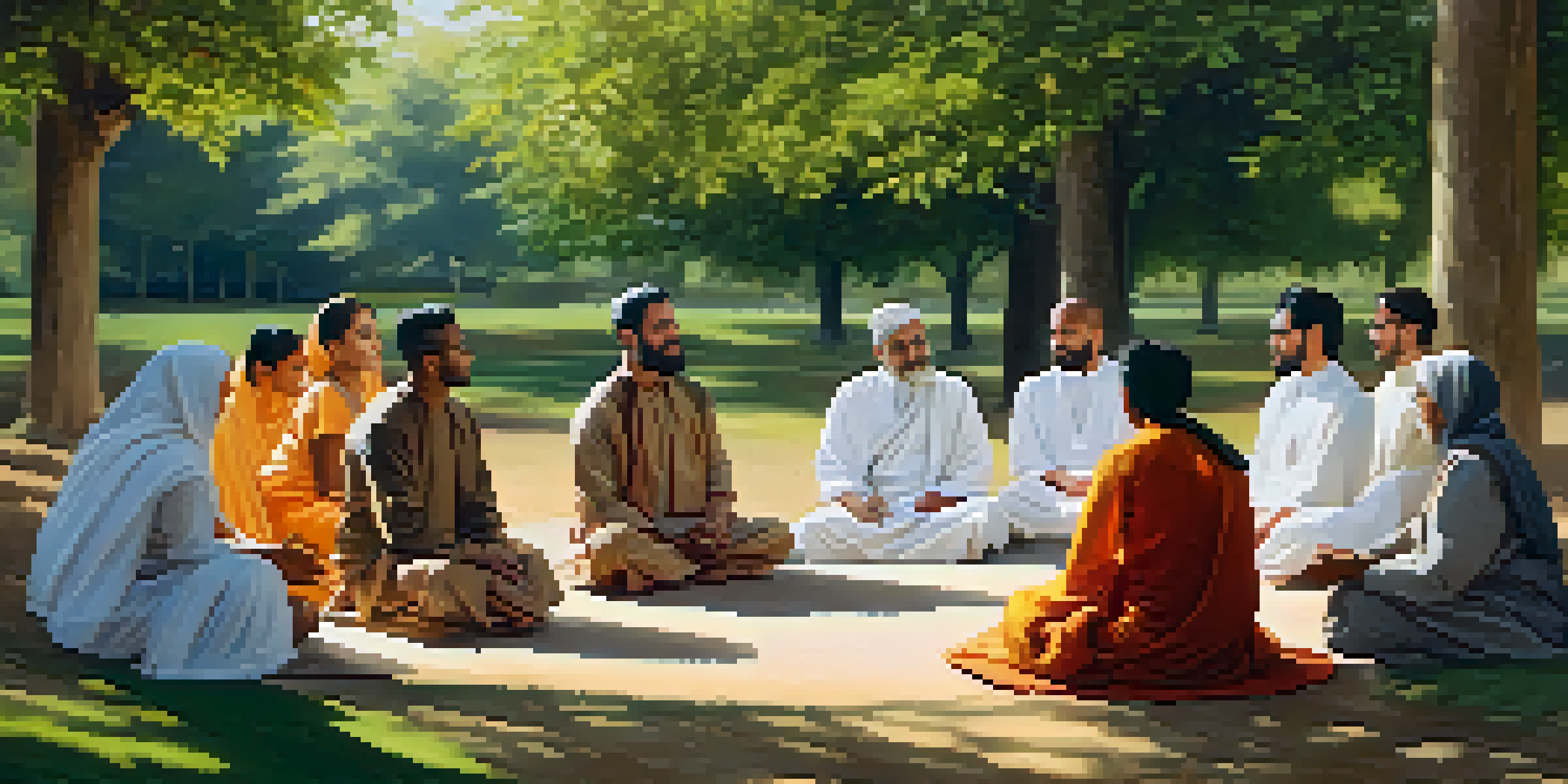 A diverse group of people from different faiths sitting in a circle in a park, talking respectfully with smiles, surrounded by trees and sunlight.