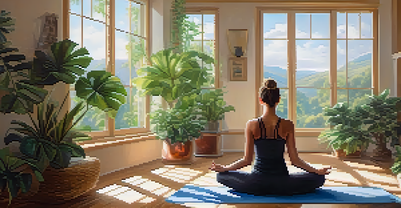 A person meditating on a yoga mat surrounded by cushions and plants in a sunlit room, creating a calm atmosphere.