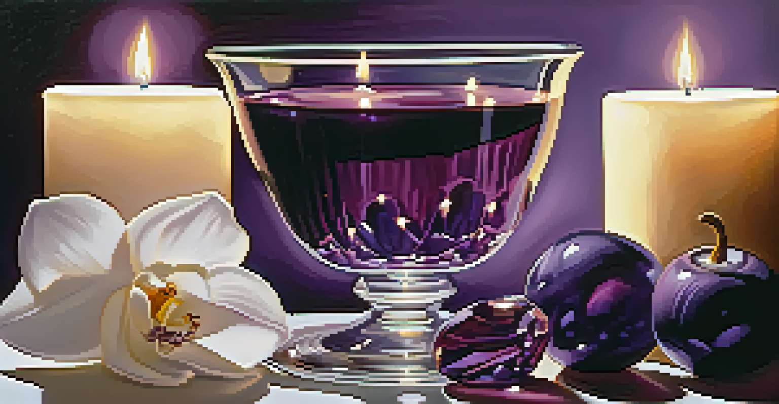A still life of a purple amethyst crystal and white candles against a dark background, with soft candlelight.