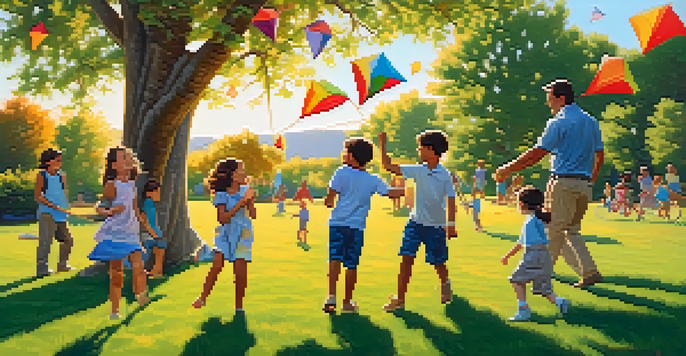 A diverse group of people, both adults and children, joyfully playing outdoors with kites and paints on a sunny day, surrounded by greenery.