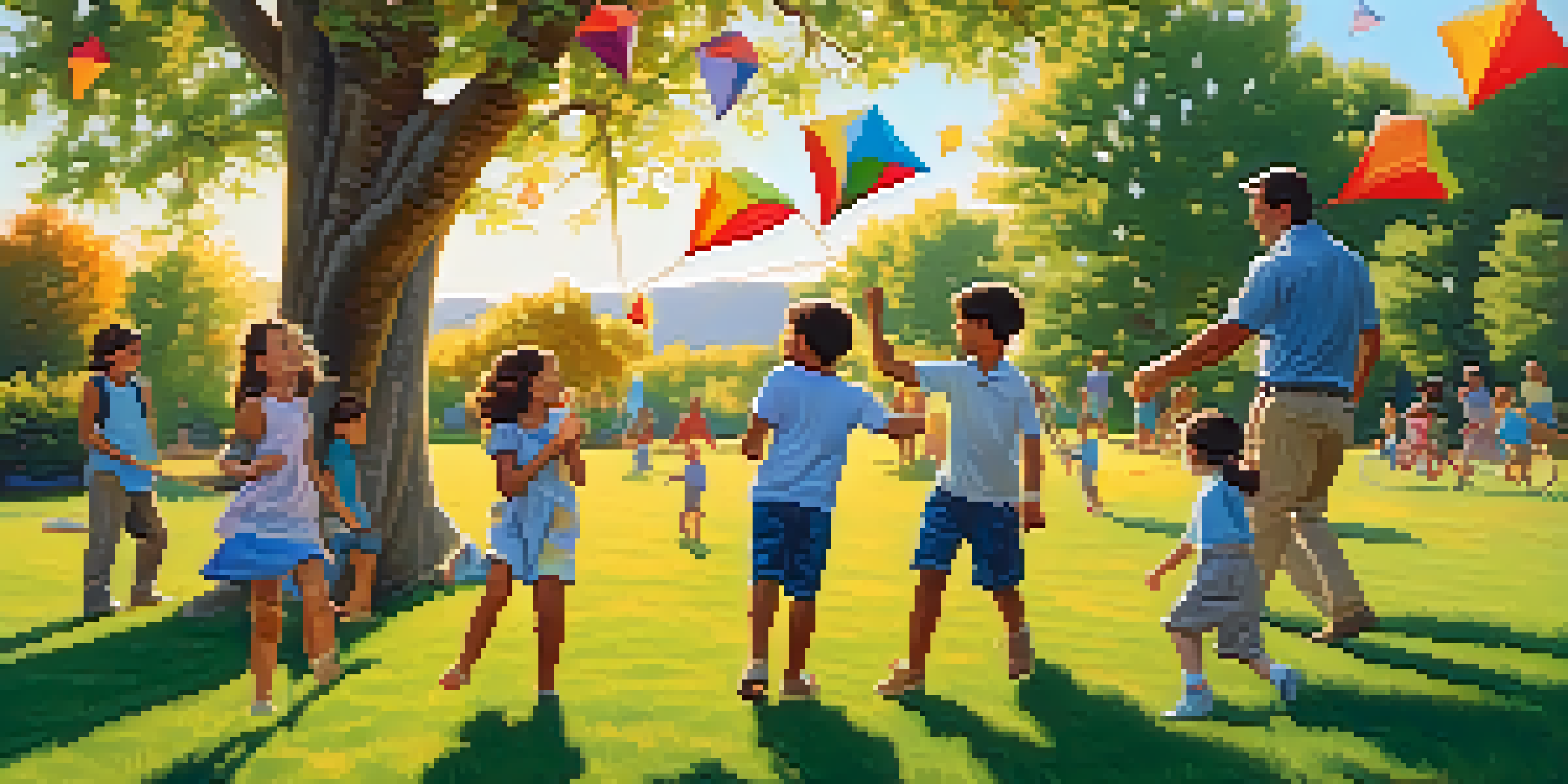 A diverse group of people, both adults and children, joyfully playing outdoors with kites and paints on a sunny day, surrounded by greenery.