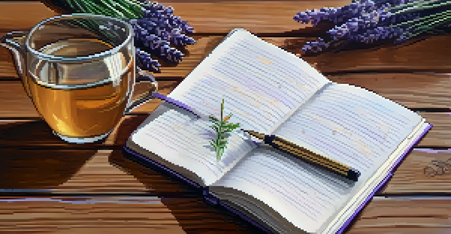 A gratitude journal open on a table, filled with handwritten notes and a cup of tea nearby.