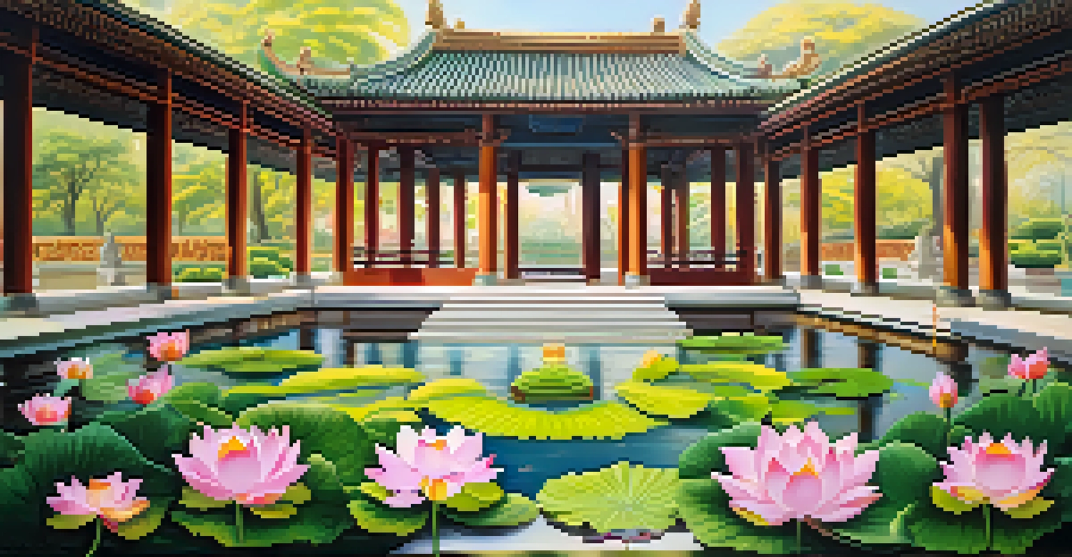 Four beautifully carved pillars representing the Four Noble Truths of Buddhism in a colorful lotus garden.