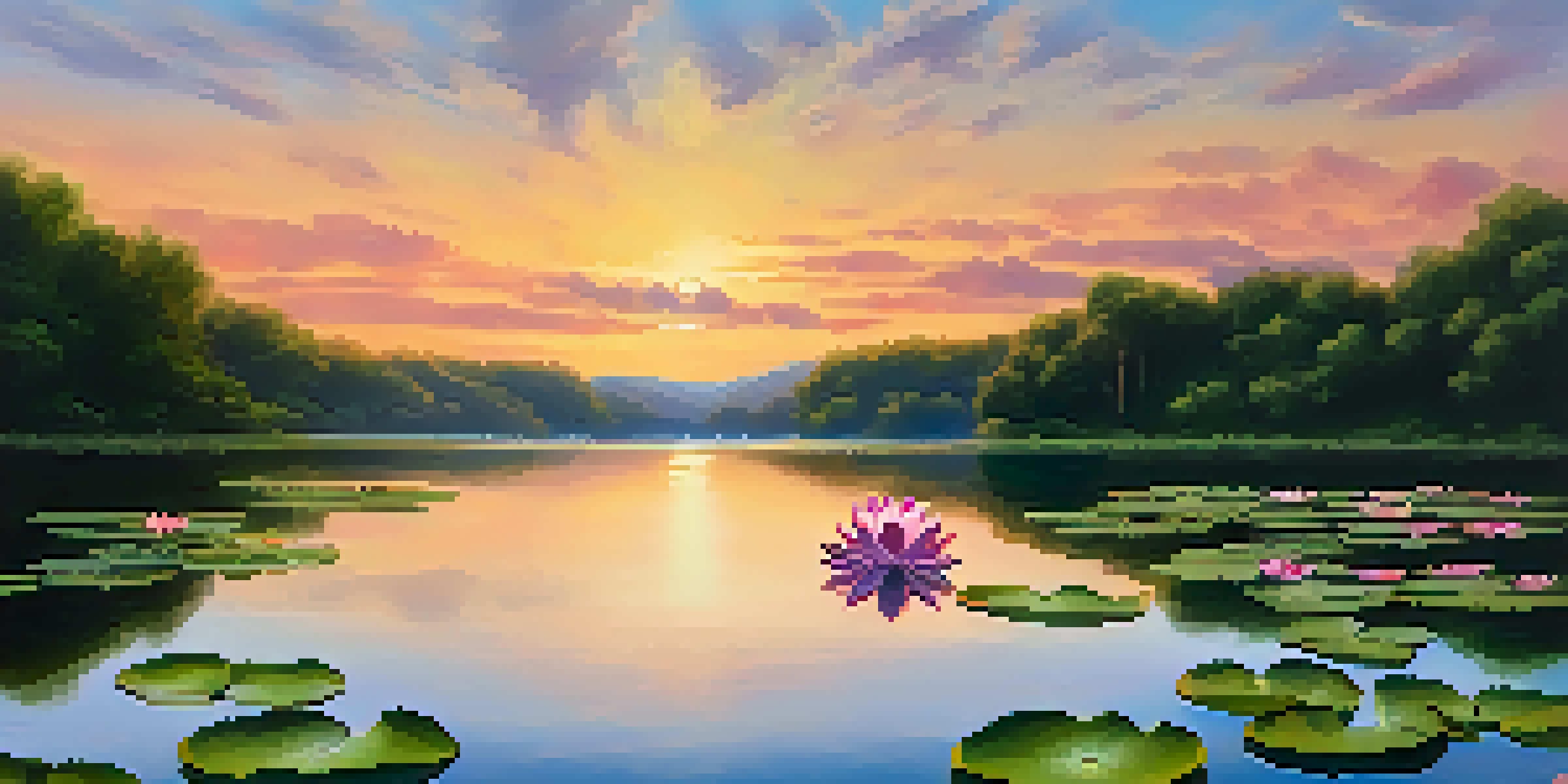 A tranquil sunset landscape with a lake reflecting colorful skies, surrounded by greenery and a blooming lotus flower in the foreground.