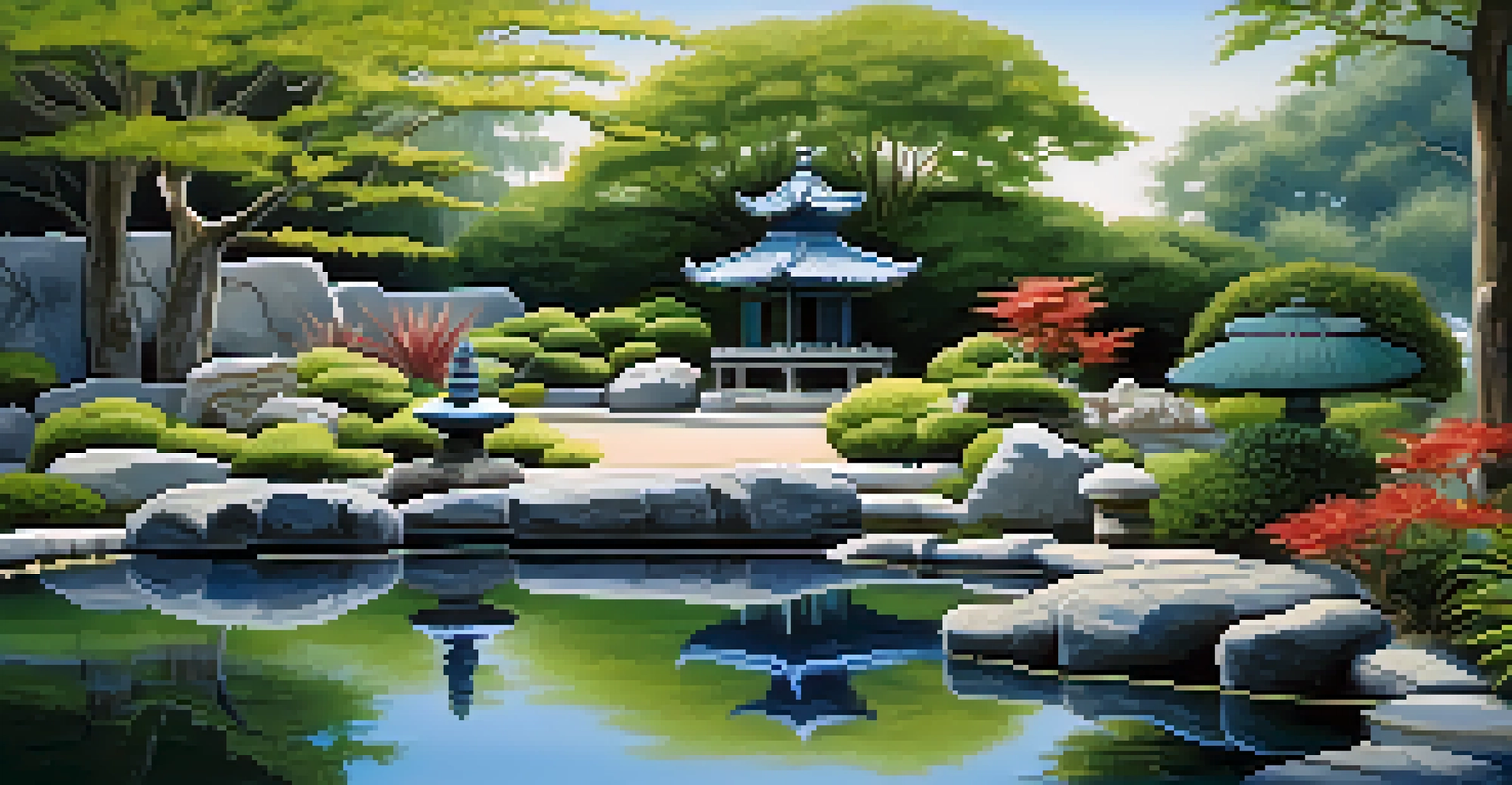 A Zen garden with a tranquil water feature, rocks, and plants, creating a serene environment for meditation.