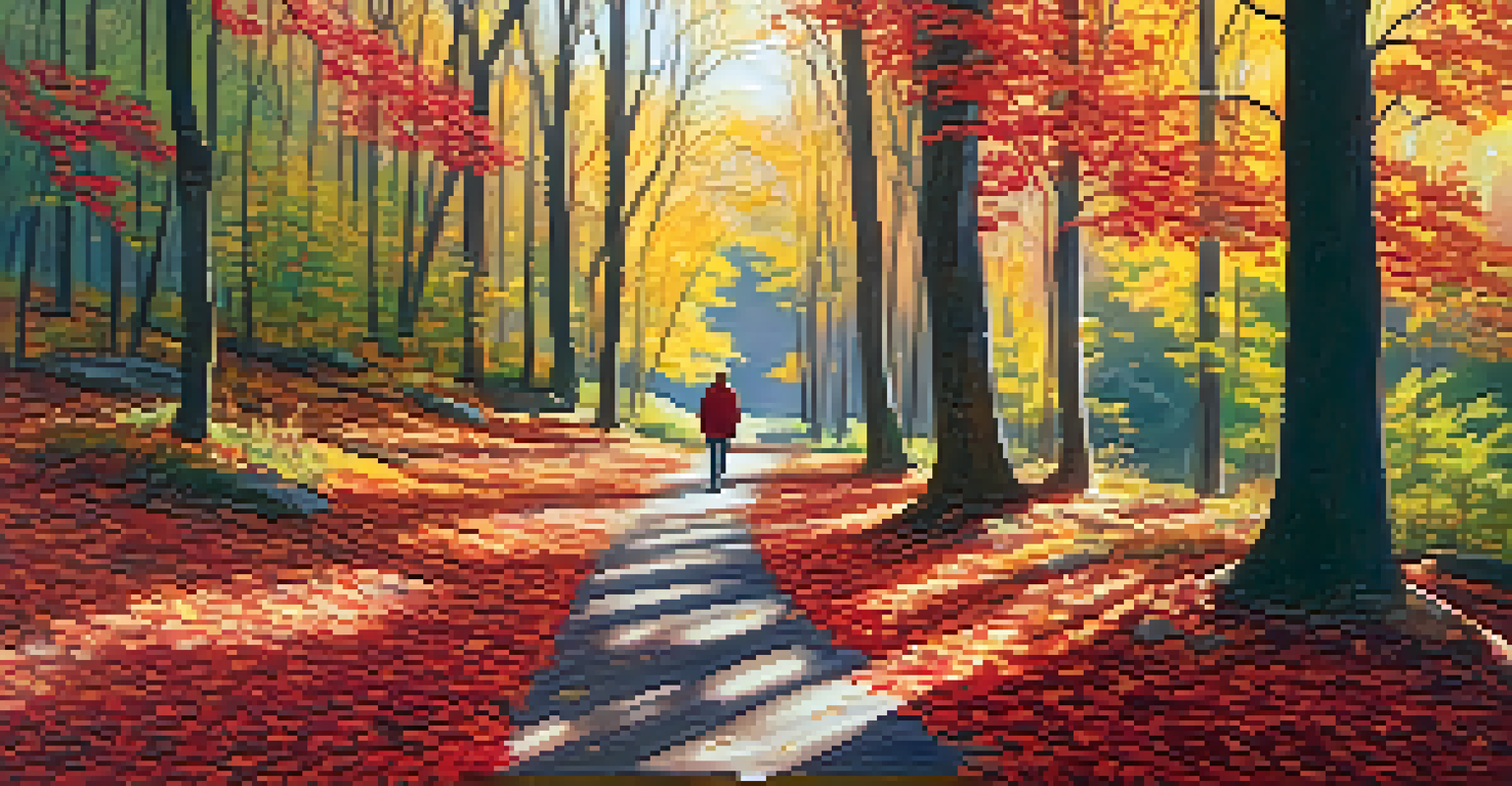 A person walking slowly on a forest path covered in autumn leaves, surrounded by trees with sunlight filtering through.