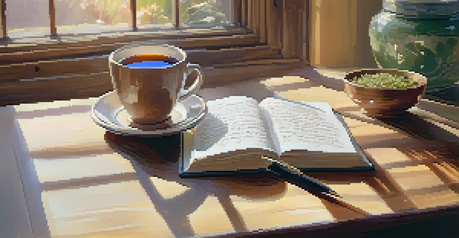 An open gratitude journal on a wooden table with a cup of tea, illuminated by soft morning light.
