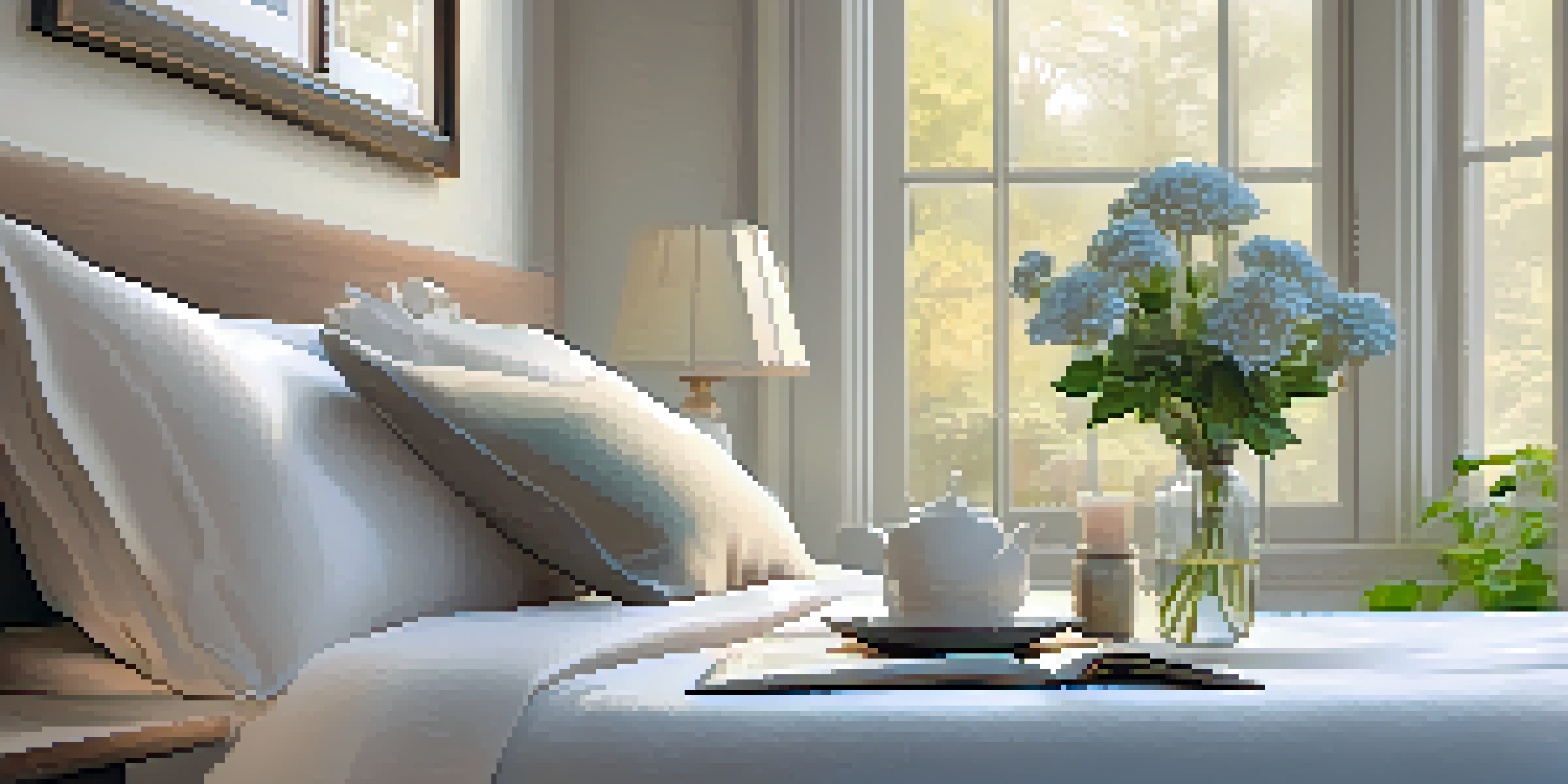 A cozy bedroom with warm light, a neatly made bed, an open gratitude journal, and a view of a garden through the window.