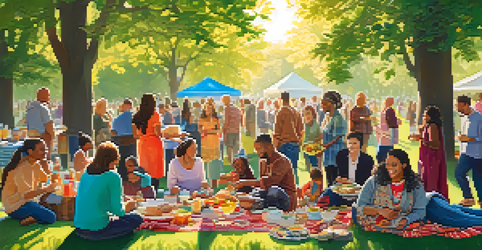 A diverse group of people enjoying a potluck in a park, sharing food and laughter under the sunlight.